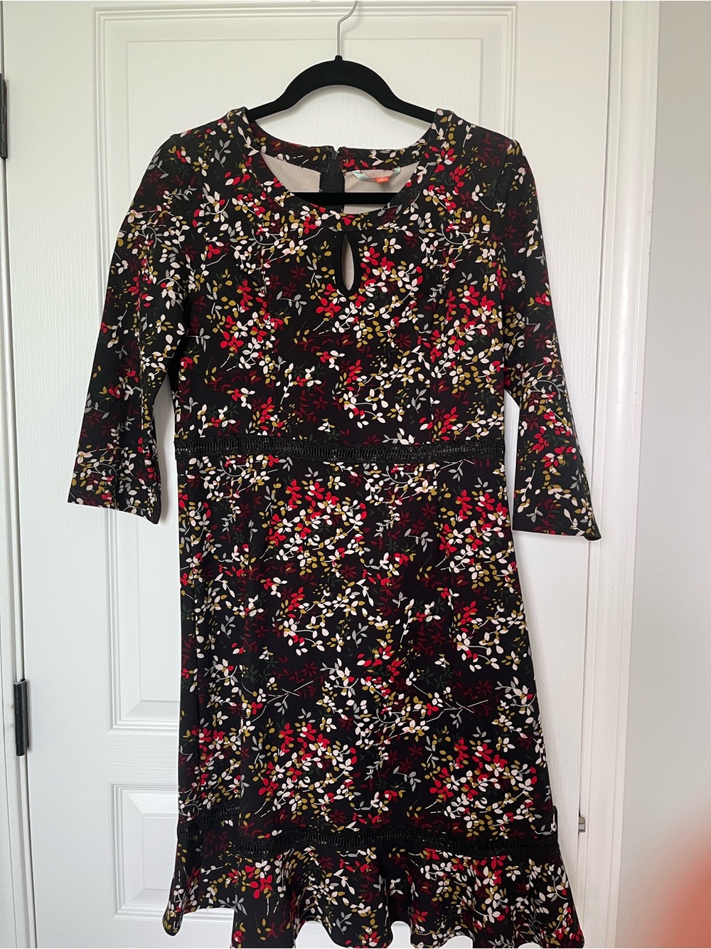 Modcloth Black Floral A-Line Dress with Red and Cream Accents